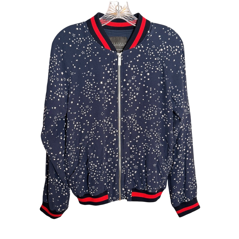 Sanctuary Star Print Bomber Jacket Womens Small Navy Blue Full Zip Varsity J0368